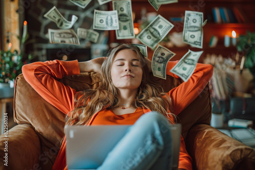 Passive income concept, a successful young woman relaxing on the sofa with her laptop while money she earned through her side hustle is flying through the air