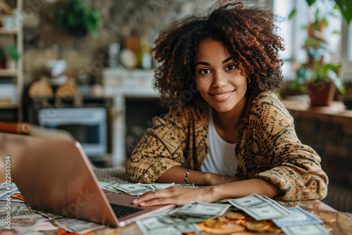 Passive income concept, a successful young woman working on her laptop from home with money lying around her she earned through her side hustle photo
