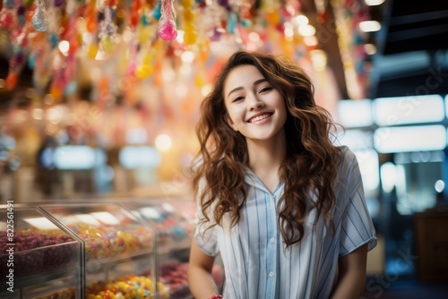 Cheerful Female Employee Posing Proudly in Front of Her Workplace, the Historic Candy Factory