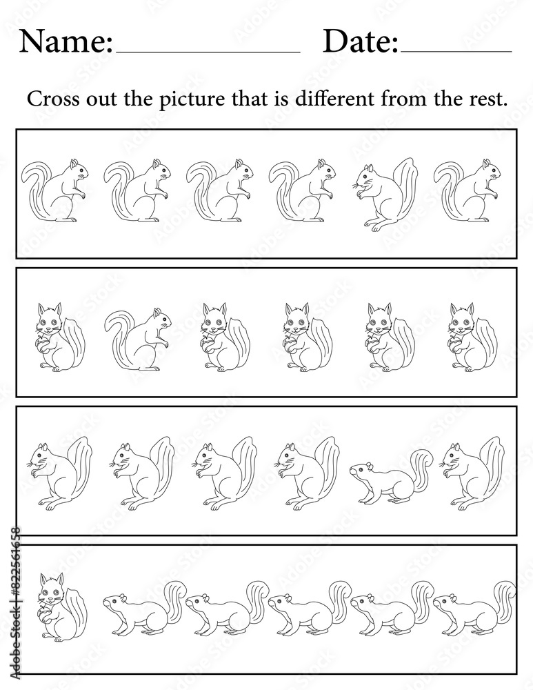 Squirrel Puzzle. Printable Activity Page for Kids. Educational Resources for School for Kids. Kids Activity Worksheet. Find the Different Object