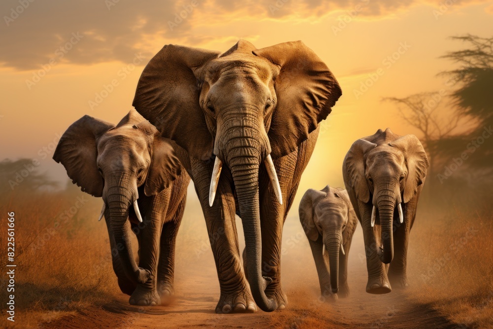Obraz premium Majestic elephant family walks in a line against a warm sunset backdrop in the savannah