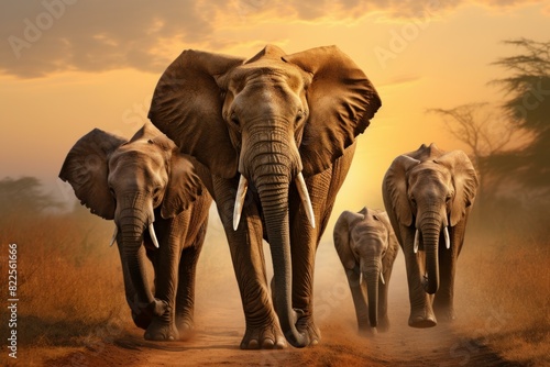 Majestic elephant family walks in a line against a warm sunset backdrop in the savannah