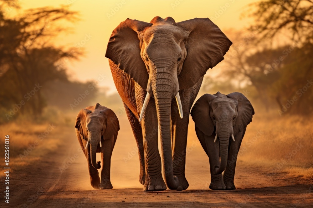 Obraz premium An elephant family strolls along a dust road amidst a golden sunset