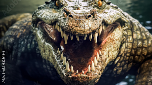 An alligator bares its teeth in a powerful display  showcasing its dominance. The sharp teeth glisten  capturing the primal essence of this magnificent reptile.