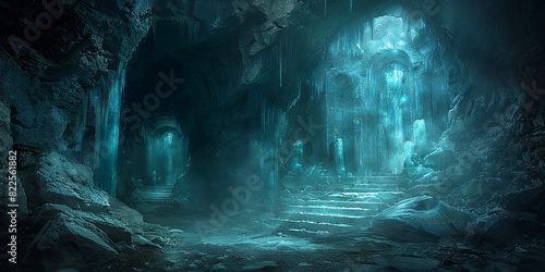 A dark, cold, and mysterious cave with a blue light shining through the entrance