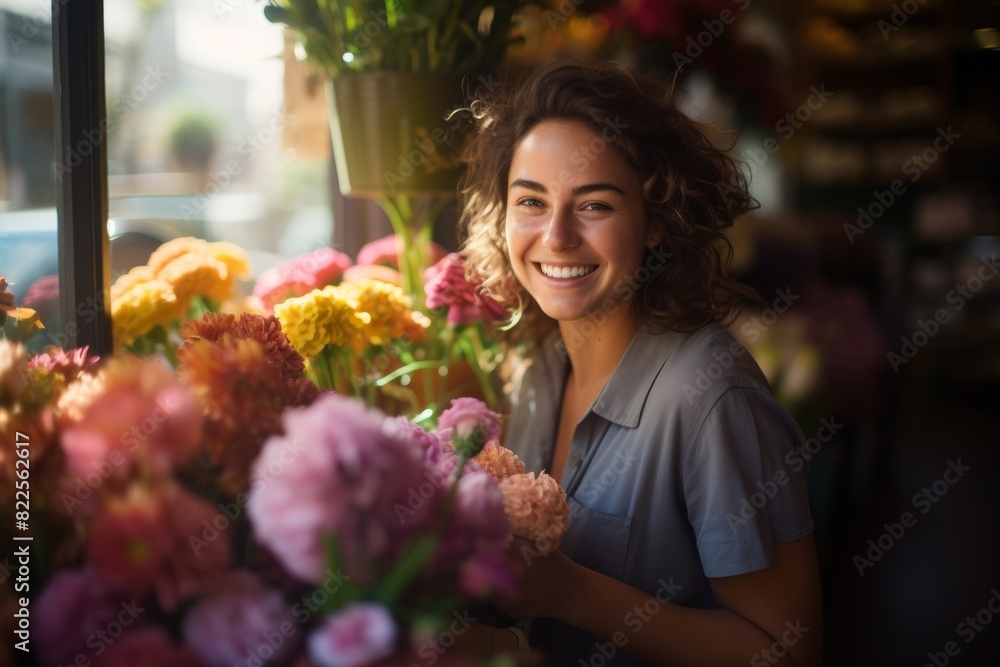 The Essence of Spring Captured in a Portrait: Joyful Lady Surrounded by Fresh Flowers in a Small Town Florist