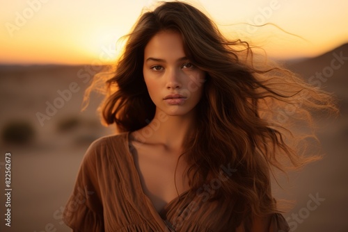 The Golden Hour Glow: A Young Woman's Contemplative Stance Against a Backdrop of Desert Sand Dunes