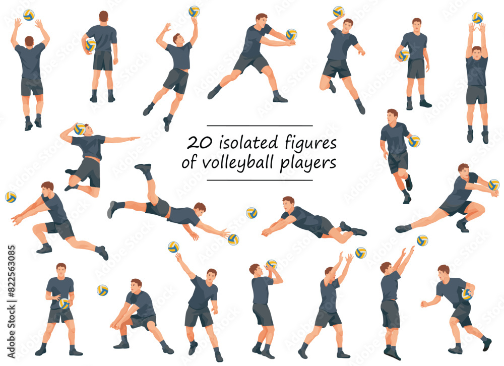 Volleyball team players in black T-shirts in various poses training, running, jumping, throwing, hitting the ball Volleyball team players in black T-shirts in various poses training, running, jumping, throwing, hitting the ball
