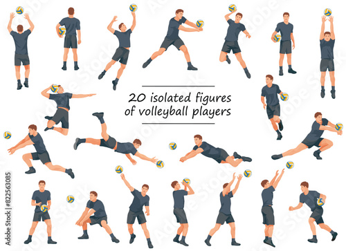 Volleyball team players in black T-shirts in various poses training, running, jumping, throwing, hitting the ball
