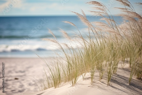 Fototapeta Naklejka Na Ścianę i Meble -  Gentle sea oats swaying on sandy dunes with a blurred ocean horizon in the background