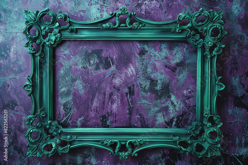 Rich, regal large emerald green frame against a deep purple grungy backdrop. photo