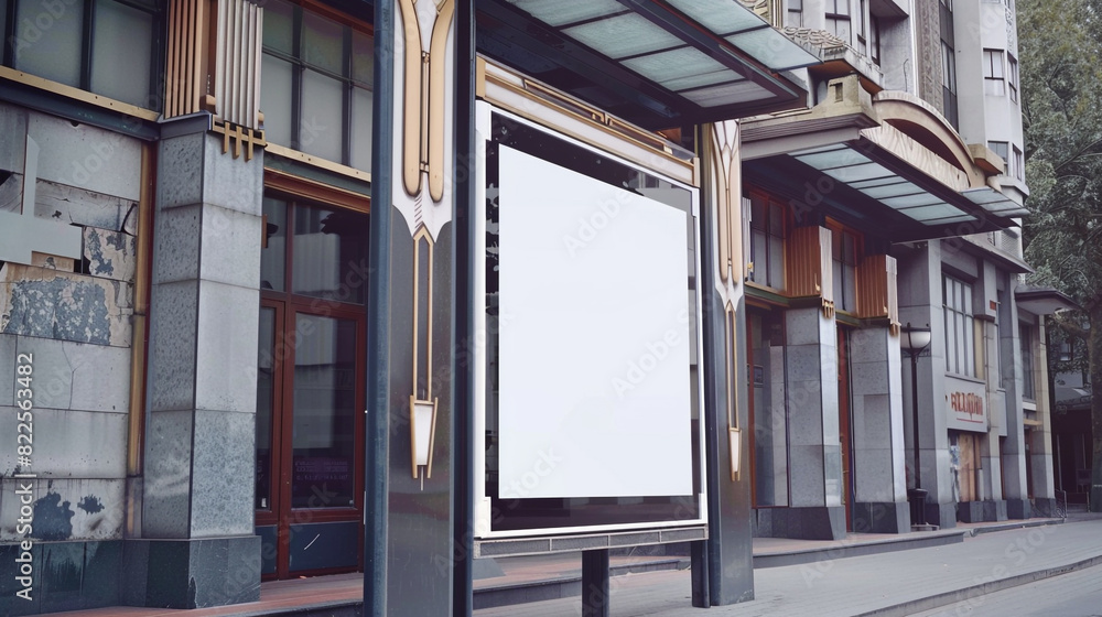 Art deco inspired bus stop featuring a low vertical blank billboard. Art deco inspired bus stop featuring a low vertical blank billboard.