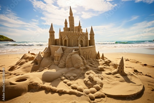 Detailed sand castle on a beach with waves in the background  under a clear blue sky