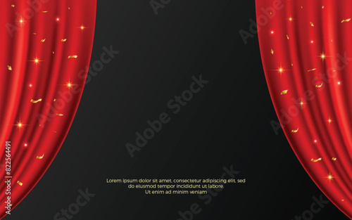 Realistic 3d red curtains with Stage background, theater scene vector background with golden elements.