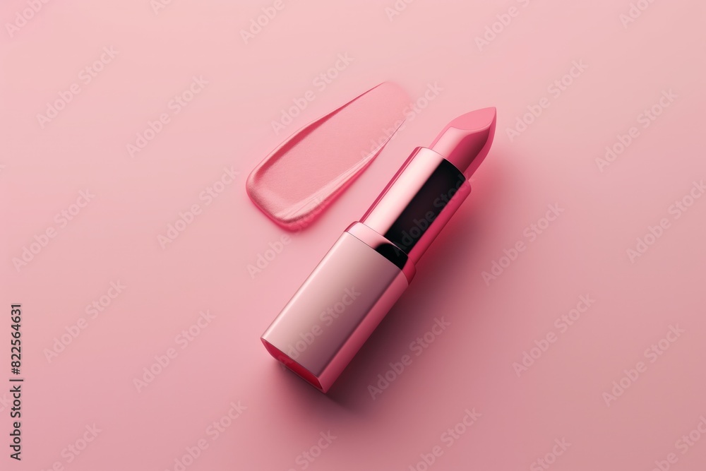 Single elegant pink lipstick lies open with its cap detached, against a harmonious pink backdrop, exemplifying simplicity, beauty, and modern makeup aesthetics Single elegant pink lipstick lies open with its cap detached, against a harmonious pink backdrop, exemplifying simplicity, beauty, and modern makeup aesthetics
