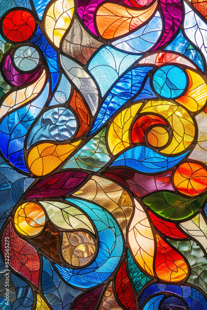 Pattern formed by pieces of stained glass showcases a kaleidoscope of colors. Colorful window decoration Pattern formed by pieces of stained glass showcases a kaleidoscope of colors. Colorful window decoration