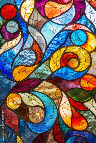 Pattern formed by pieces of stained glass showcases a kaleidoscope of colors. Colorful window decoration