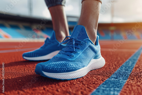 Athlete wearing bright blue running shoes on red stadium track during training. Sportsman legs in sport sneakers at racetrack. Fitness and healthy lifestyle concept © Lazy_Bear