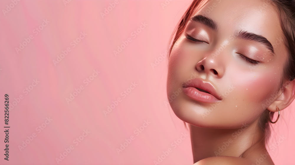 Beautiful young woman with closed eyes on a pastel pink glowing background, promoting beauty skin care and makeup cosmetics. Beautiful young woman with closed eyes on a pastel pink glowing background, promoting beauty skin care and makeup cosmetics.