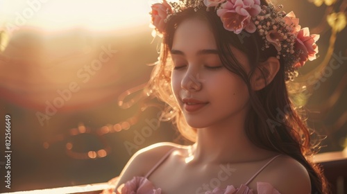 Sitting on a sundrenched balcony a girl with flowy pink dress and flower crown on her head taps her toes to a soft girl music playlist her eyes closed and a serene smile on her lips. photo