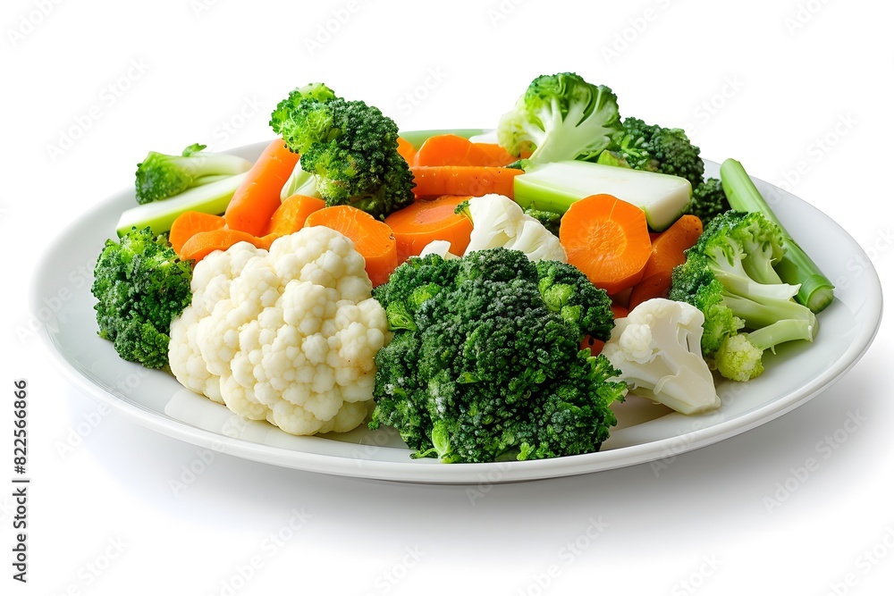 Steamed vegetables: cauliflower, broccoli and carrots on a white plate and white background. Vegan food. Healthy eating concept. Steamed vegetables: cauliflower, broccoli and carrots on a white plate and white background. Vegan food. Healthy eating concept.