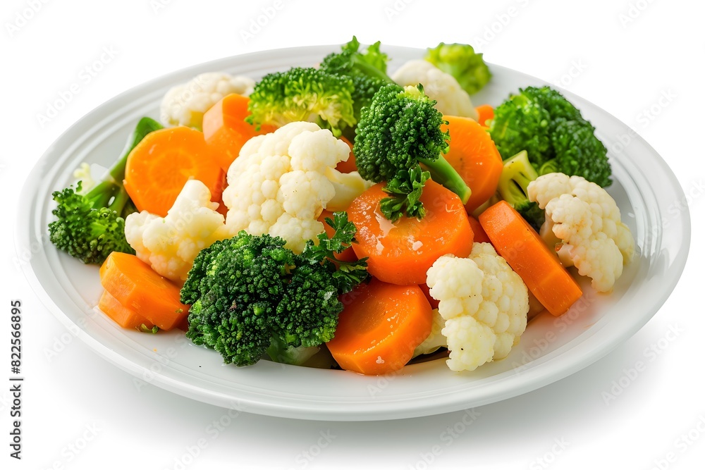 Steamed vegetables: cauliflower, broccoli and carrots on a white plate and white background. Vegan food. Healthy eating concept. Steamed vegetables: cauliflower, broccoli and carrots on a white plate and white background. Vegan food. Healthy eating concept.