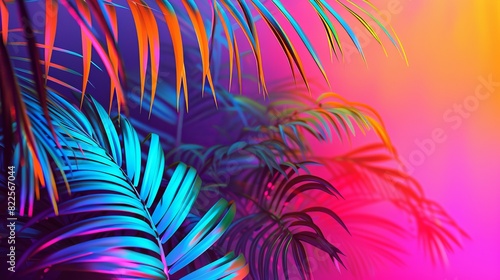 Tropical and palm leaves showcased in vibrant  bold gradient holographic neon colors  creating a concept art piece. This minimal surrealism summer background is both eye-catching and imaginative.