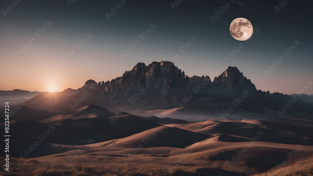 Full moon and over a landscape. Fantastic landscape. Full moon and over a landscape. Fantastic landscape.