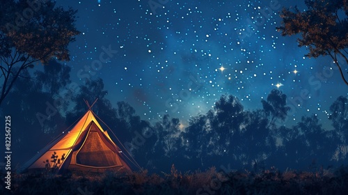 A glowing tent under a star-filled night sky.