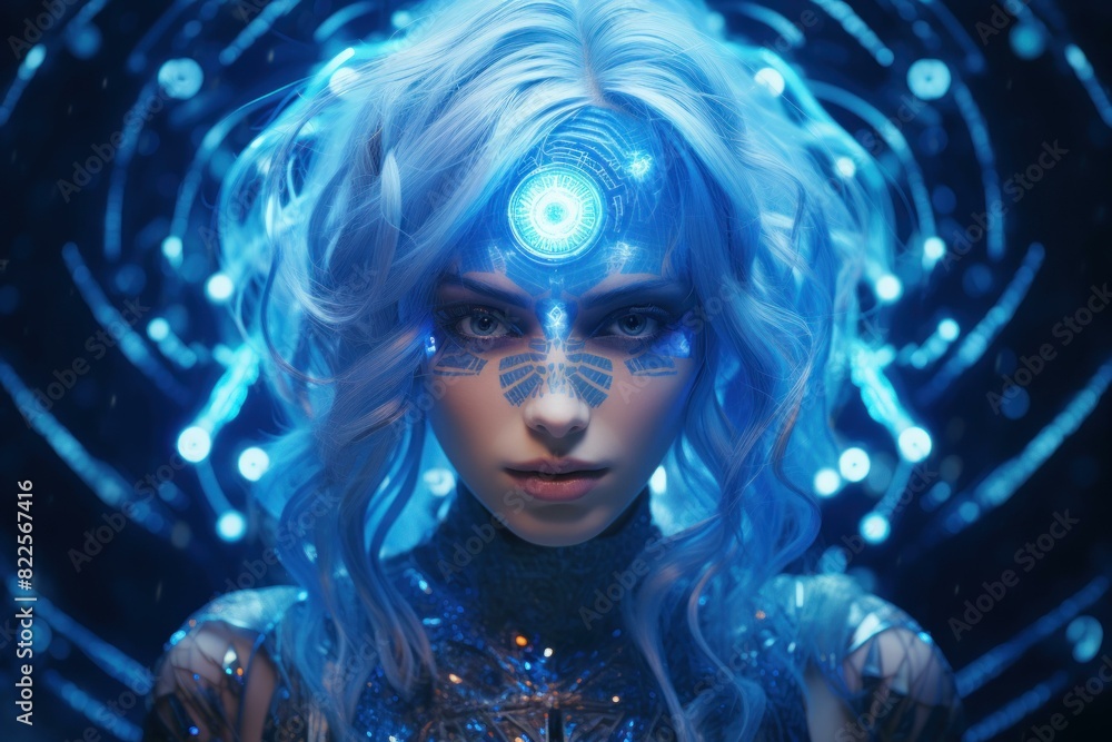 Portrait of a futuristic woman with luminescent makeup and blue hair against digital backdrop Portrait of a futuristic woman with luminescent makeup and blue hair against digital backdrop