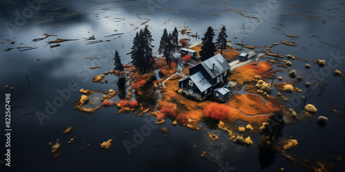 Flooded country farm land houses and trees Ai generated, autumn foliage 