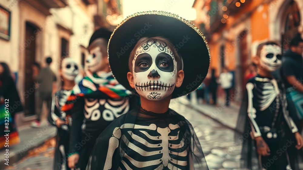 Child in skeleton costume during a Dia de los Muertos festival. Boy dressed as a skeleton at Day of the Dead event. Concept of Mexican culture, tradition, and celebration Child in skeleton costume during a Dia de los Muertos festival. Boy dressed as a skeleton at Day of the Dead event. Concept of Mexican culture, tradition, and celebration