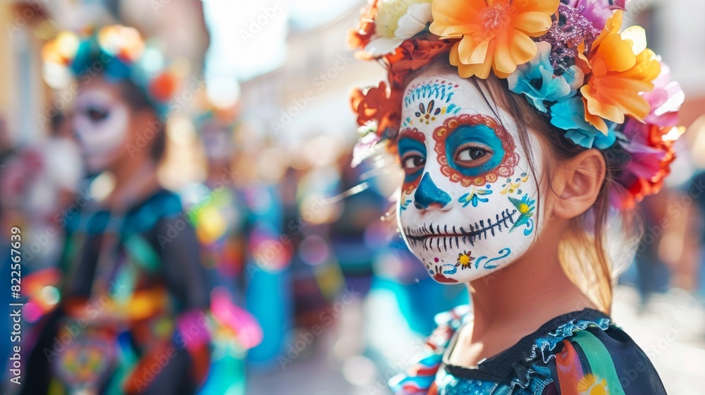Girl in Day of the Dead makeup at cultural festival. Child with colorful skull face paint celebrates Dia de los Muertos. Concept of cultural celebration, traditional makeup, festive event Girl in Day of the Dead makeup at cultural festival. Child with colorful skull face paint celebrates Dia de los Muertos. Concept of cultural celebration, traditional makeup, festive event