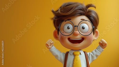 3D animated character in business attire celebrating a high customer rating, smooth white gradient backdrop, minimalistic design, studio light, ample copy space