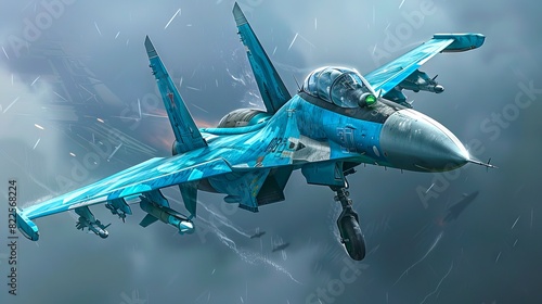 Military jet fighter in a stormy sky. Combat aircraft in turbulent weather. Concept of military aviation, high-speed flight, defense technology, aerial combat