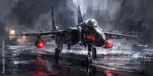 Fighter jet on a rainy runway at night. Military aircraft in stormy weather. Concept of aviation, military power, night operations, and inclement weather