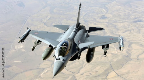 Fighter jet in flight over a desert landscape. Combat aircraft soaring above arid terrain. Concept of military aviation, aerial maneuvers, strategic defense, and high-altitude flight