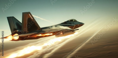 Military fighter jet in flight with afterburner glow. Combat aircraft soaring with fiery propulsion. Concept of aviation, military technology, aerial maneuvers, and advanced engineering