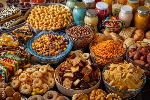 Many different types of snacks and condiments on this table, trans fats food product photo