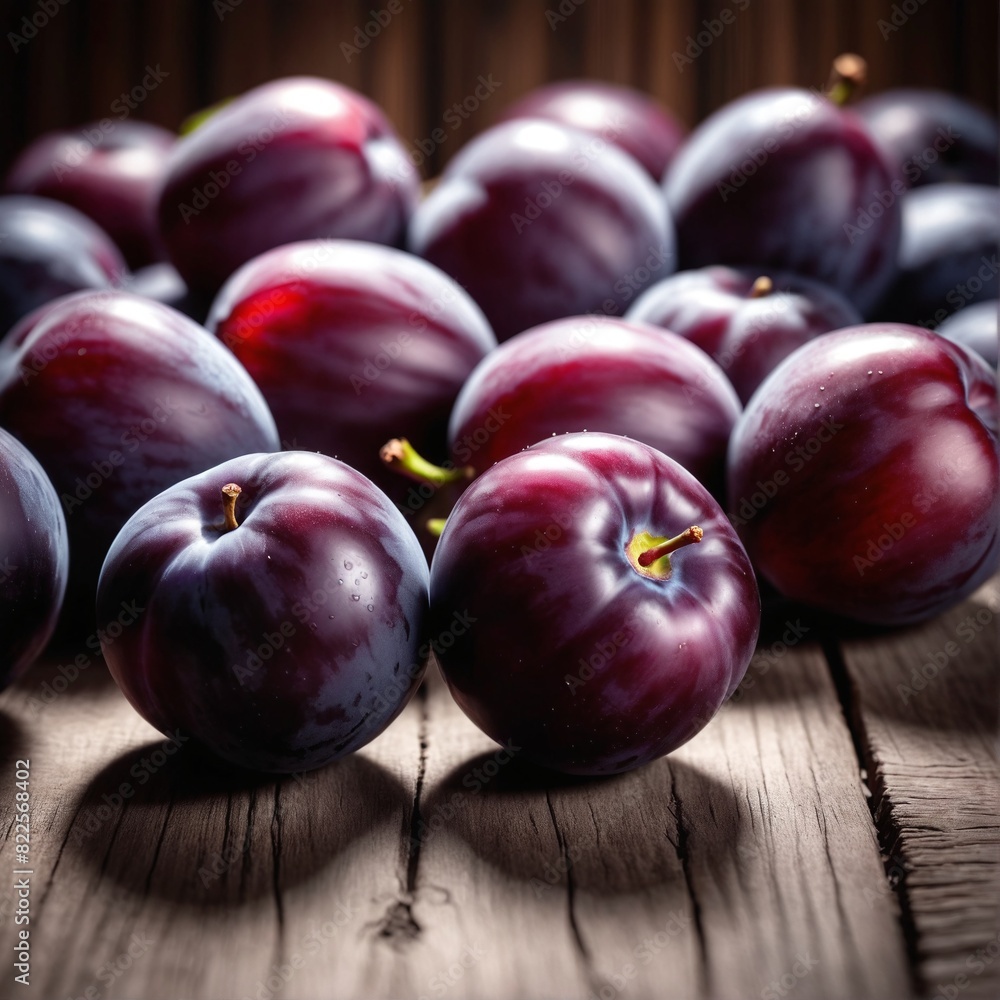 Fresh purple plum fruits on dark wooden table. Fresh purple plum fruits on dark wooden table.