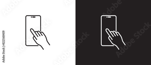 Simple finger gesture icon touching smart phone screen, finger tuching and scrolling phone icon outline style, Tapping screen icon vector in black and white background. Editable strokes, Eps10.