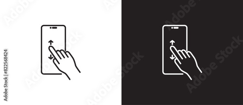 Finger gesture icon scrolling smartphone screen, outline style of finger tuching and scrolling phone icon, tapping screen icon vector in black and white background. Editable strokes, Eps10.