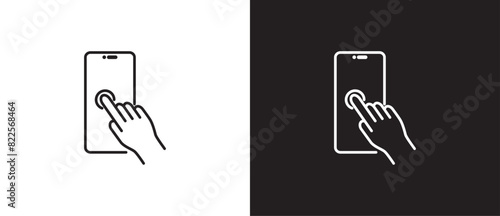 Finger gesture icon touching smart phone screen, finger tuching and scrolling phone icon outline style, Tapping screen icon vector in black and white background. Editable strokes, Eps10.