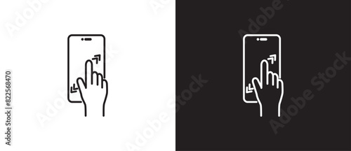 Smartphone screen zooming finger gesture icon, outline style of tuching finger and scrolling phone icon, tapping screen icon vector in black and white background. Editable strokes, Eps10.