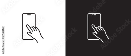 Double finger gesture icon touching smart phone screen, finger tuching and scrolling phone icon outline style, Tapping screen icon vector in black and white background. Editable strokes, Eps10.