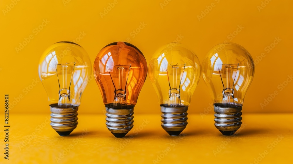 A trio of light bulbs sits atop a yellow surface, surrounded by a yellow wall both in front and behind A trio of light bulbs sits atop a yellow surface, surrounded by a yellow wall both in front and behind