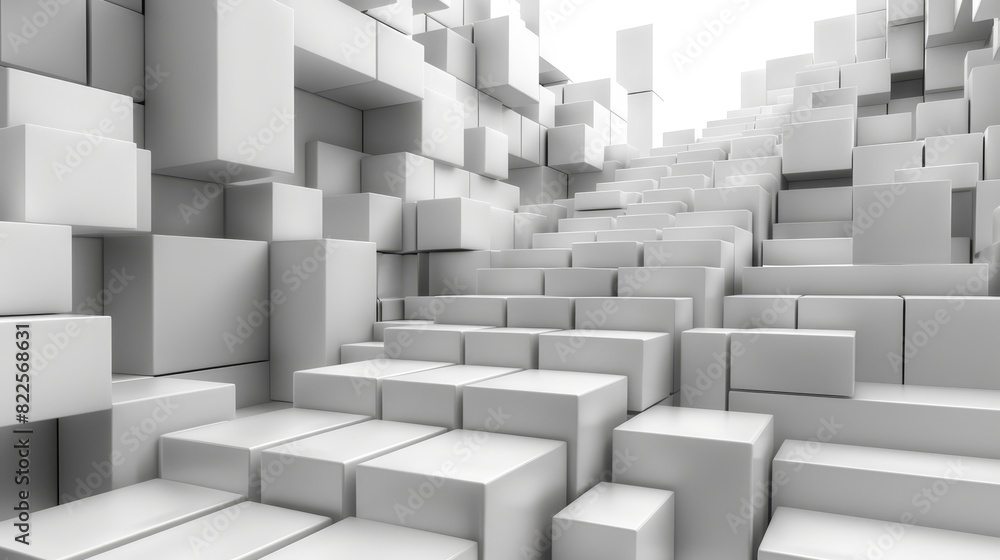 A series of white boxes aligned vertically in a room's center, illuminated from above by a single box A series of white boxes aligned vertically in a room's center, illuminated from above by a single box