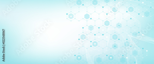 Modern health care or medical background design. Health care innovation concept. Horizontal header web banner. Abstract geometric background with hexagon shapes for medicine, science, chemistry.