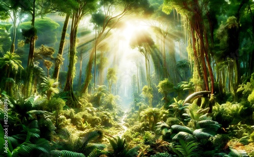 A beautiful fairytale enchanted forest with big trees and great vegetation. Digital painting background.