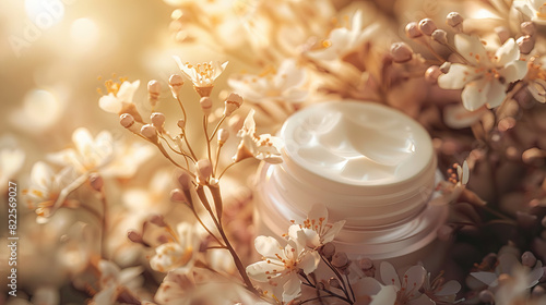 An ultra-detailed realistic photography of a luxurious white skincare product with a backdrop of naturalistic, cozy flowers photo